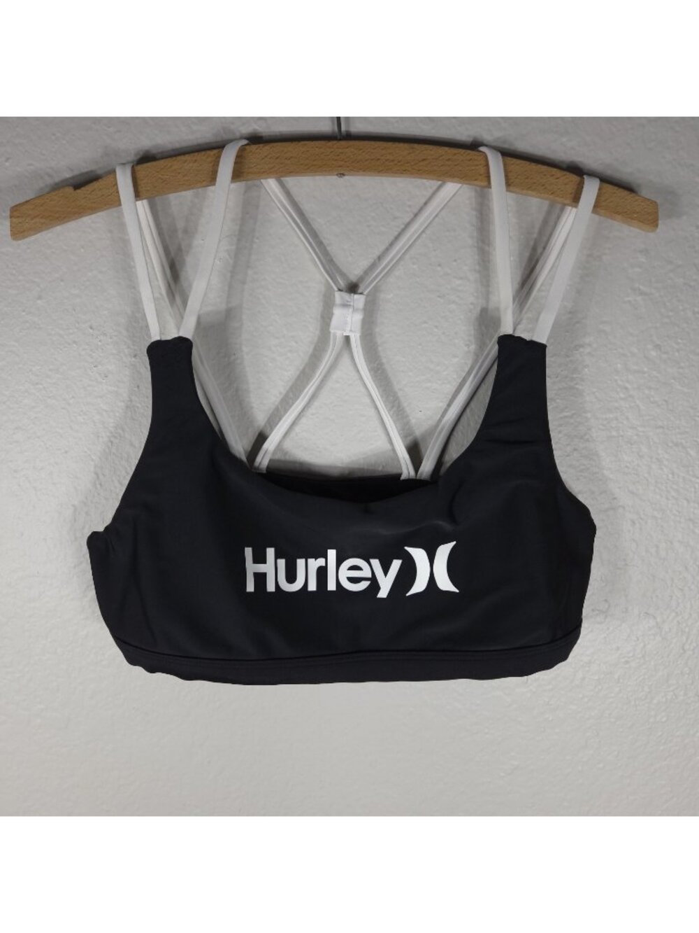 Hurley Sports Bra Swim Vikini Top Size XL Black Logo Cross Strap Back Round Neck